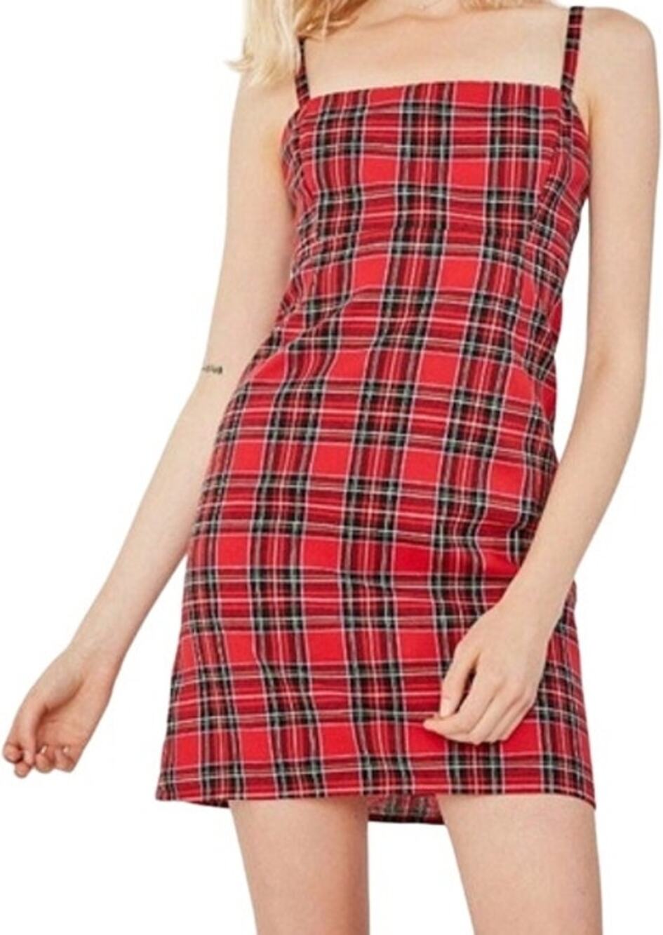 Urban Outfitters Straight-neck plaid mini dress Adjustable Strap Back Zip Red 0
